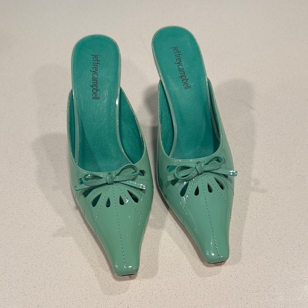 Jeffrey Campbell Teal Mules with Bow Detail